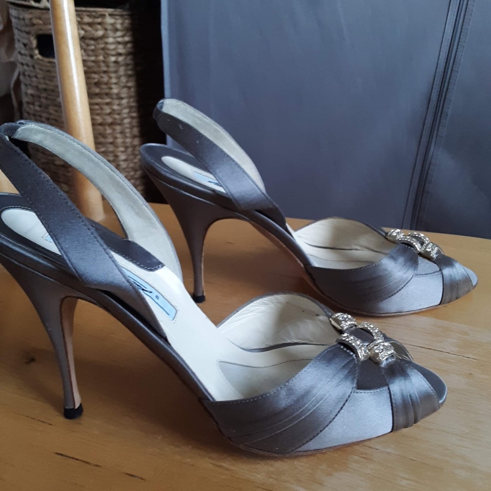 Gray silk designer sandals by Brian Atwood, new